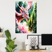 Vuur ademende draak levendige roze schalen poster (Thuiskantoor)