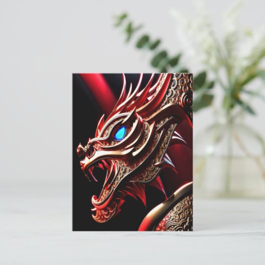 Vuur ademende draak rode en gouden schubben briefkaart (Staand voorkant)