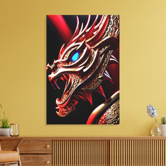 Vuur ademende draak rode en gouden schubben canvas afdruk (Insitu (Woonkamer))