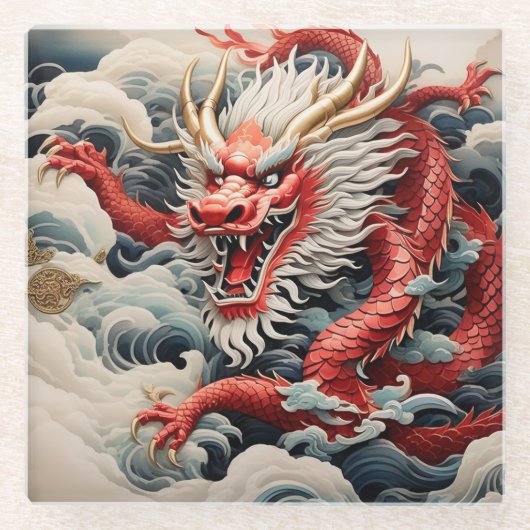 Vuur ademende draak rode en witte schaal glazen onderzetter (Voorkant)