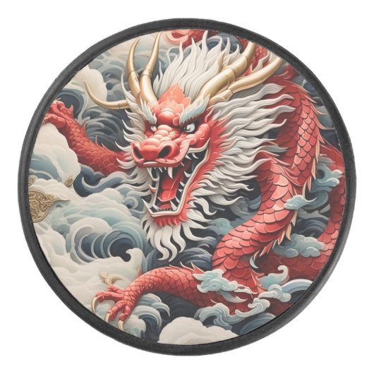 Vuur ademende draak rode en witte schaal hockey puck (Voorkant)
