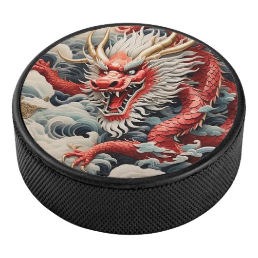 Vuur ademende draak rode en witte schaal hockey puck (3/4)