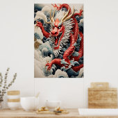 Vuur ademende draak rode en witte schaal poster (Keuken)