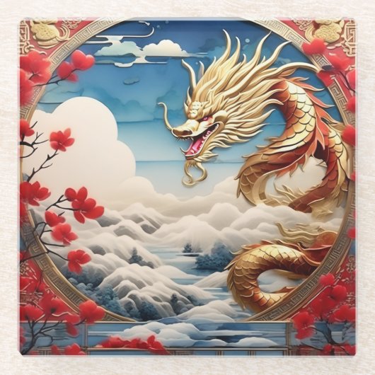 Vuur ademende draak rood blauw en goud schubben glazen onderzetter (Voorkant)