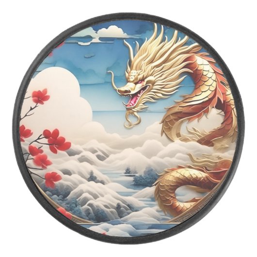 Vuur ademende draak rood blauw en goud schubben hockey puck (Voorkant)