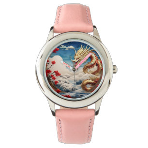 Vuur ademende draak rood blauw en goud schubben horloge
