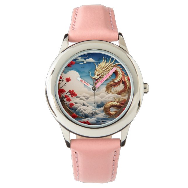 Vuur ademende draak rood blauw en goud schubben horloge (Voorkant)