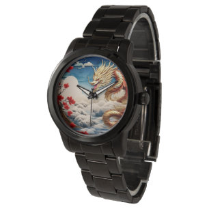Vuur ademende draak rood blauw en goud schubben horloge