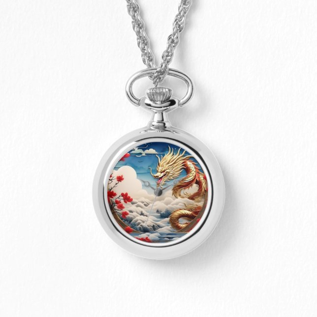 Vuur ademende draak rood blauw en goud schubben horloge (Voorkant)