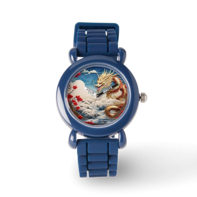 Vuur ademende draak rood blauw en goud schubben horloge (Voorkant)