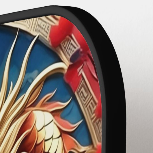 Vuur ademende draak rood blauw en goud schubben pickleball paddle (Links Detail)