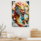 Vuur ademende draak rood blauw en goud schubben poster (Keuken)