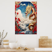 Vuur ademende draak rood blauw en goud schubben poster (Keuken)