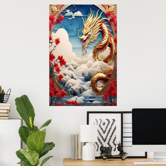 Vuur ademende draak rood blauw en goud schubben poster (Thuiskantoor)