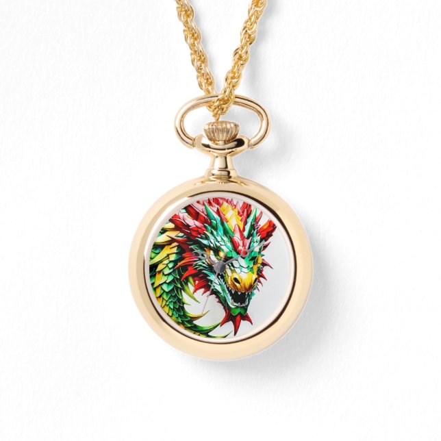 Vuur ademende draak rood, groen en gele schaal horloge (Voorkant)