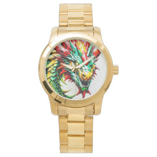 Vuur ademende draak rood, groen en gele schaal horloge