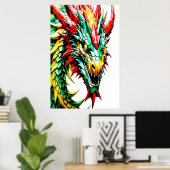 Vuur ademende draak rood, groen en gele schaal poster (Thuiskantoor)