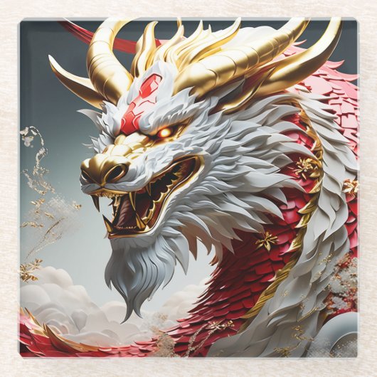 Vuur ademende draak rood wit en goud schubben glazen onderzetter (Voorkant)