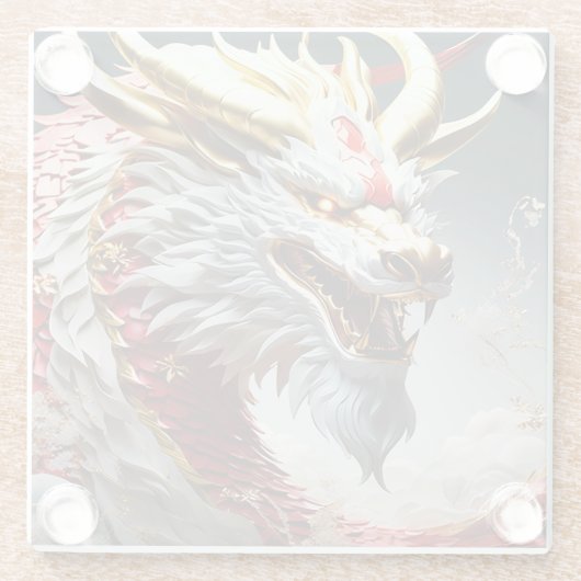 Vuur ademende draak rood wit en goud schubben glazen onderzetter (Achterkant)