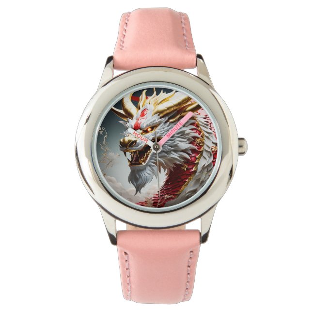 Vuur ademende draak rood wit en goud schubben horloge (Voorkant)