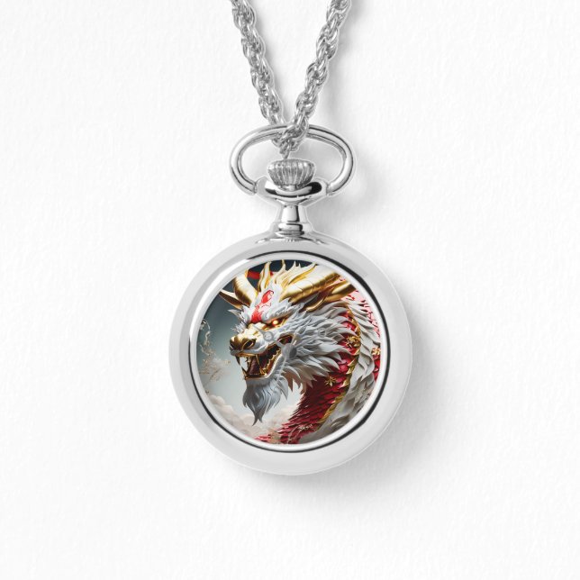 Vuur ademende draak rood wit en goud schubben horloge (Voorkant)