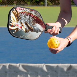 Vuur ademende draak rood wit en goud schubben pickleball paddle