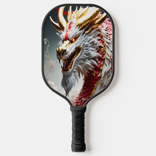 Vuur ademende draak rood wit en goud schubben pickleball paddle (Voorkant)