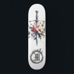 *~* Vuur AP88 Middeleeuws Zwaard Bloemen Bloemen Persoonlijk Skateboard<br><div class="desc">(Zoek code AP88 om vergelijkbare items te vinden ) Gemakkelijk overzetten naar andere Zazzle producten. WITTE achtergrond Skateboard met ROZE en ROOS kleur FLOWERS MEDIEVAL SWORD voor drakenslayers met FLOWERS / FLORAL-elementen en met RING of FIRE / FLAMES / FLAME en Letter, INITIAAL MONOGRAM voor jouw naam - Bewaar of...</div>