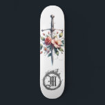 *~* Vuur AP88 Middeleeuws Zwaard Bloemen Bloemen Persoonlijk Skateboard<br><div class="desc">(Zoek code AP88 om vergelijkbare items te vinden ) Gemakkelijk overzetten naar andere Zazzle producten. WITTE achtergrond Skateboard met ROZE en ROOS kleur FLOWERS MEDIEVAL SWORD voor drakenslayers met FLOWERS / FLORAL-elementen en met RING of FIRE / FLAMES / FLAME en Letter, INITIAAL MONOGRAM voor jouw naam - Bewaar of...</div>