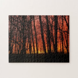 Vuur in de hemel bos zonsondergang legpuzzel