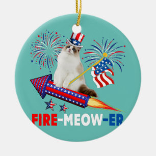 Vuur Meow Er Kat Rijdend Vuurwerk Amerikaanse Vlag Keramisch Ornament