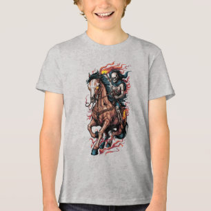 Vuur Skelet Ruiter op een Galopperend Paard Tri-Blend Shirt