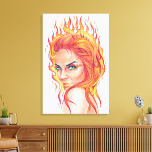 Vuur Vrouw Surrealistische fantasie Portret tekenk Canvas Afdruk