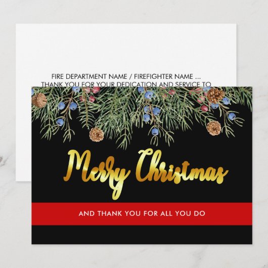 Vuurbrandweerman met Kerstmis met rode lijn Dank u Feestdagenkaart (Voorkant / Achterkant)