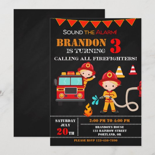 Vuurbrandweerman op verjaardagsfeestdag kaart (Voorkant / Achterkant)