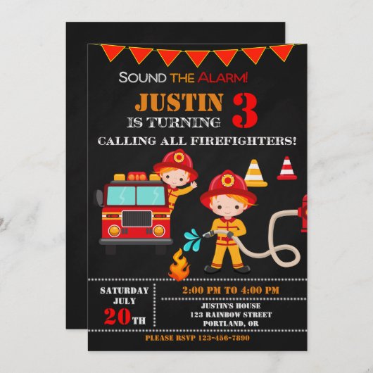 Vuurbrandweerman op verjaardagsfeestdag kaart (Voorkant / Achterkant)