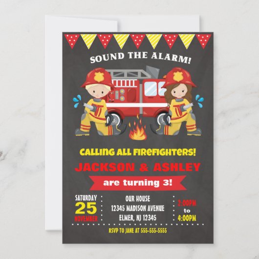 Vuurbrandweerman Uitnodiging Gezamenlijk meisje (Voorkant)