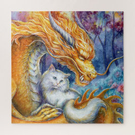 Vuurdraak en witte kat in mystieke bos legpuzzel