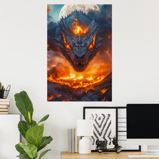 Vuurdraak onder vollemaanfantasie poster (Thuiskantoor)