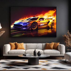 Vuurgevende Racing Sportauto Digitale Kunst Canvas Afdruk