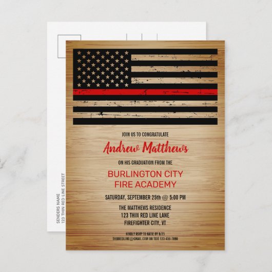 Vuurman Afstuderen brandweerman Thin Red Line Uitnodiging Briefkaart (Voorkant / Achterkant)