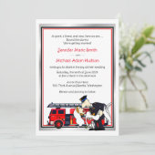 Vuurman brandweervrouw uitnodigen voor bruiloft kaart (Staand voorkant)