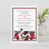 Vuurman brandweervrouw uitnodigen voor bruiloft kaart (Staand voorkant)