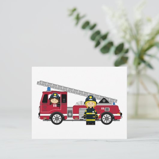 Vuurman en vuurmotor voor Cartoon Briefkaart (Staand voorkant)