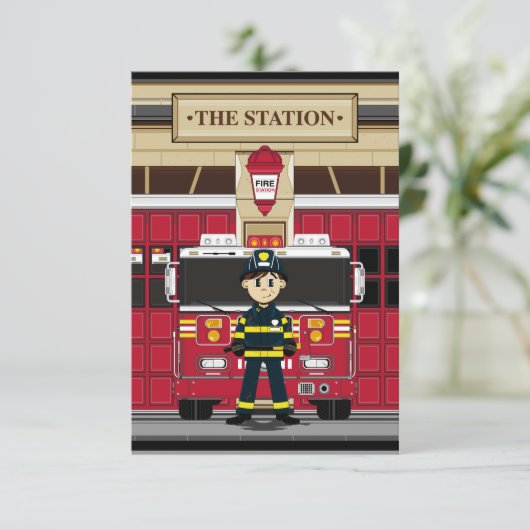 Vuurman met RSVP-kaart met Fire Engine RSVP Kaartje (Staand voorkant)