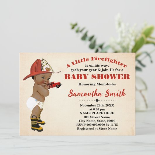 Vuurman op weg naar Afro-Amerikaans Baby shower Kaart (Staand voorkant)