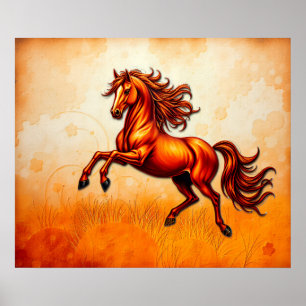 Vuurpaard Springt, Oranje Goud, Artistieke Grunge Poster