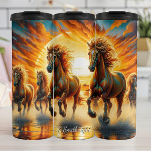Vuurpaarden Water Rennen Zonsondergang Thermosbeker
