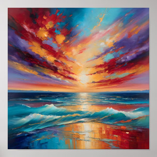 Vuurrijke Zonsondergang Boven Oceaangolven – Abstr Poster