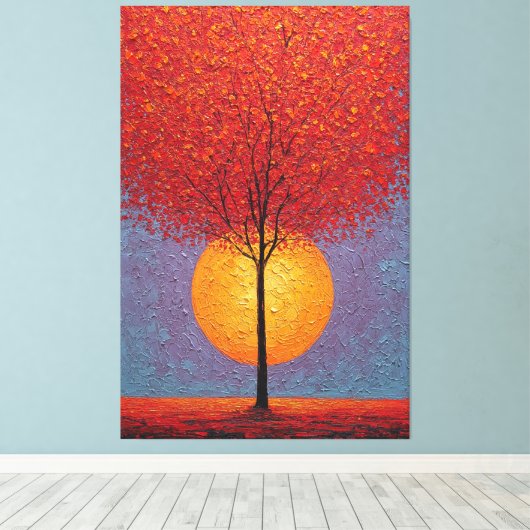 Vuurrode Boom met Gouden Zon Textuur Abstract Canvas Afdruk (Insitu (Houten vloer))